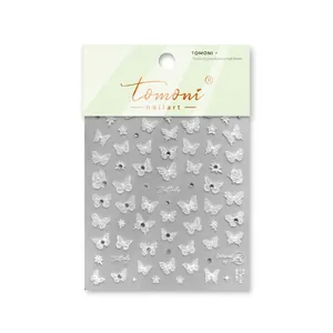 3D white embossed butterfly nail art stickers with small sparkling crystal rhinestones