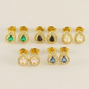 Golden teardrop earrings set with vibrant zircon stones in green, black, pink and blue