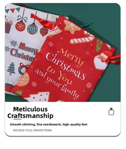Close-up of durable polyester Christmas drawstring bags with Santa Claus and tree patterns