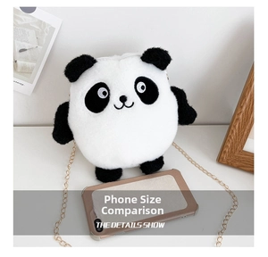 Detail showing plush panda shoulder bag next to a phone for size comparison