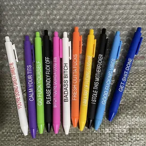 Set of 11 colorful retractable pens with unique matte finish and funny English slogans