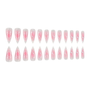 Coffret de faux ongles dégradés roses longs stiletto avec motifs de cœurs argentés