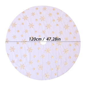 Detail of 120cm white plush Christmas tree skirt with golden sequin snowflake patterns