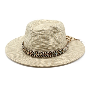 Ethnic straw sun hat with colorful woven band for summer outdoor beach protection