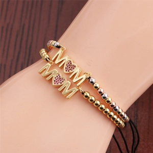 Adjustable MOM bracelet with tricolor gold beads and heart cubic zirconia charms