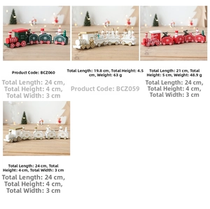 Detailed view of wooden Christmas train ornaments with Santa and snowman figures