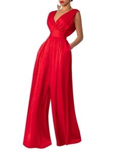 Detail of red satin sleeveless jumpsuit with deep V-neck and high waist wide leg cut