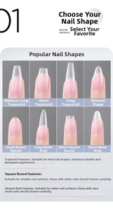 Size chart showing eight different nail shapes including Almond, Coffin, and Square tips