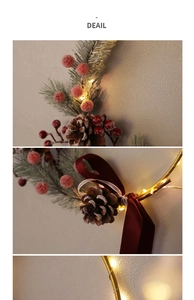 Macro detail of Christmas wreath with frosted needles, red berries, and warm LED lights