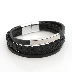 Men's retro black multi-layer leather braided bracelet with silver magnetic clasp