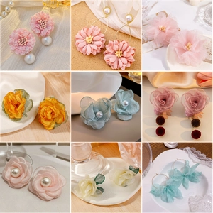 Flower Artificial Pearl Earrings Fabric Lace Mesh Floral Heart Shaped Tassel Sweet Elegant Jewelry For Women