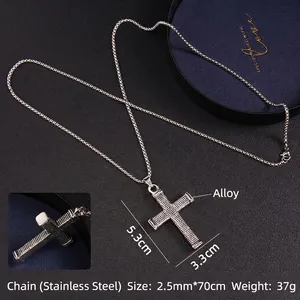 Retro stainless steel cross pendant necklace with textured grid design for men and women