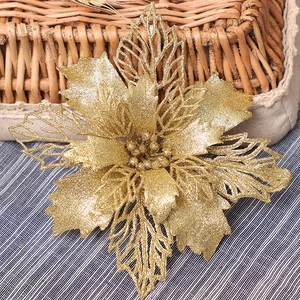 Sparkling gold artificial Christmas flower decoration with glitter for tree DIY decor
