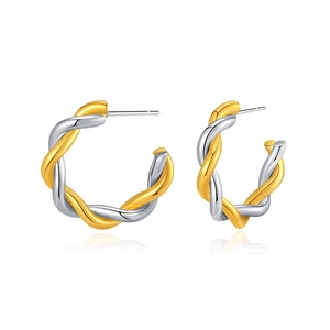 Two-tone twisted C-shape hoop earrings with gold and silver 18K plated finish