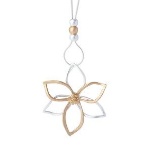 Two-tone layered flower pendant necklace with gold and silver hollow metal petals