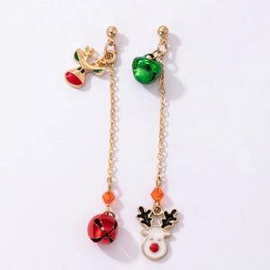 Detail of asymmetric Christmas earrings with colorful reindeer and enamel bell pendants