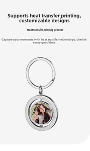 Close-up of swivel round metal sublimation keychain with polished silver finish and printable area