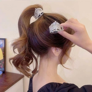 Sparkling silver crown hair claw clip with rhinestones and pearls for high ponytail