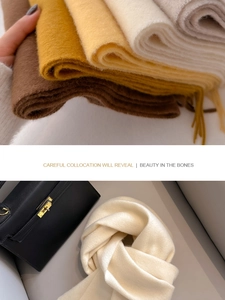 Detail of wool scarves in earth tones featuring soft fringes and premium knit texture