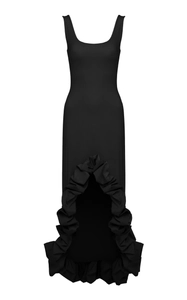 Front view of black sleeveless high-low dress with ruffled hem and U-neckline detail