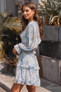 Detail of floral chiffon dress featuring V-neckline and layered ruffle hem in sunlight