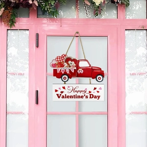 Valentine's Day wooden door sign with red vintage truck and Happy Valentine's Day text
