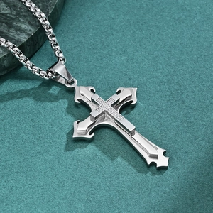 Three-layer silver floral cross pendant necklace in stainless steel with a box chain