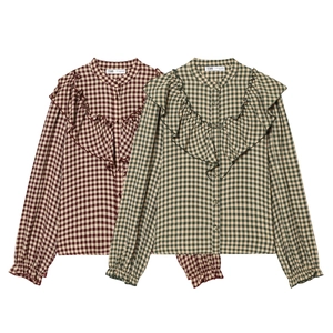 Women Plaid Blouse Long Sleeve Ruffle Trim Button Down Retro Gingham Shirt Polyester Cotton Blend Vintage Casual Tops