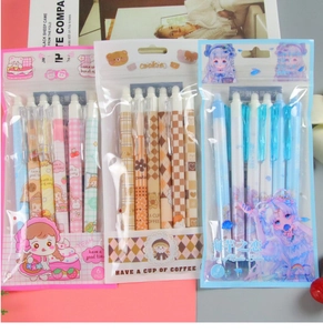 Detailed view of 6-piece erasable gel pen sets in assorted cartoon theme packaging