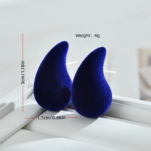 Blue flocked teardrop earrings for women in water drop shape with dimension markings