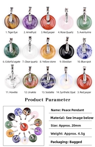Detail showing 20mm crystal donut pendants in various stones like amethyst and tiger eye