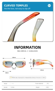 Detailed size specifications and multi-angle view of square gradient fashion sunglasses