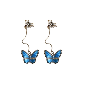Vintage blue butterfly long drop earrings with silver flower studs and chain