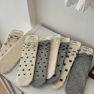 Women Crew Socks Combed Cotton Breathable Balletcore Bow Lace Ruffle Trim Slouch Socks Sweet Japanese Style
