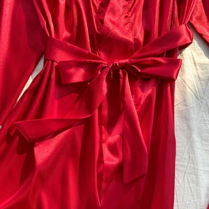 Luxurious red silk satin long nightgown with waist tie and v-neck for women