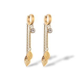 Gold plated leaf earrings with double-layer chains and zircon charms on white background