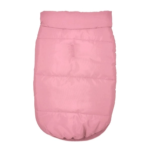 Close-up of pink waterproof quilted pet vest featuring lead attachment slot and soft padding