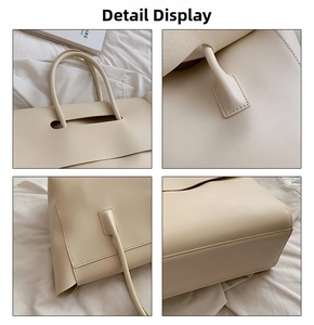 Detailed views of beige tote bag featuring stitching, handles and wide bottom structure