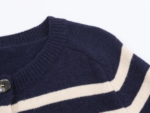 Close-up detail of navy striped knit sweater with ribbed crew neck and button closure