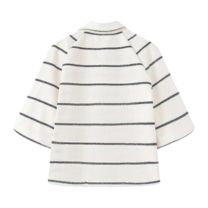 Women's 2025 casual striped knit top and shorts set in ivory white with navy blue stripes