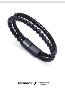 Detail of black braided leather strap, volcanic lava stone beads, and magnetic metal clasp