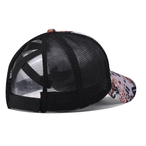 Detail of cross elastic bands on black ponytail mesh cap with vintage equestrian print
