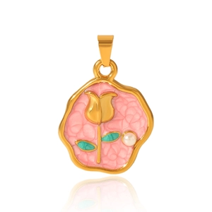 Detailed macro shot of a gold tulip pendant with pink enamel and a pearl accent