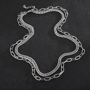 Double-layered stainless steel Cuban and long link chain necklace in silver for men