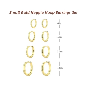 Set of four pairs of gold stainless steel huggie hoop earrings in sizes 8mm to 14mm