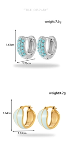 Detail display of silver turquoise beads and gold blue enamel earrings with dimensions
