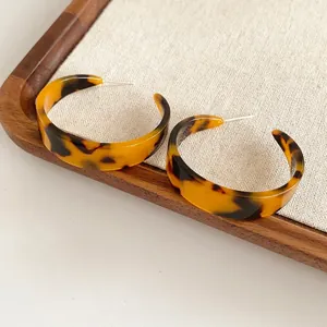 Acetate Tortoiseshell C-Shape Hoop Earrings With Silver Earring Post Retro Leopard Print Round Jewelry For Women