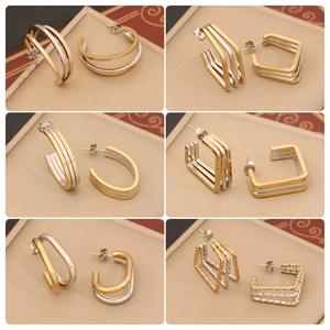 Geometric Stud Earrings With Stainless Steel Earring Post Bicolor Gold And Silver Plated Multi Layered C Shape Fashion For Women
