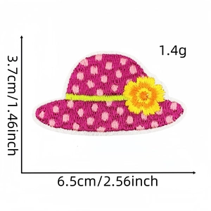 Pink hat embroidered patch with yellow daisy detail and size dimensions measurement