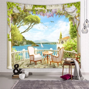 Detail of Mediterranean sea view wall tapestry with coastal terrace scene and sky